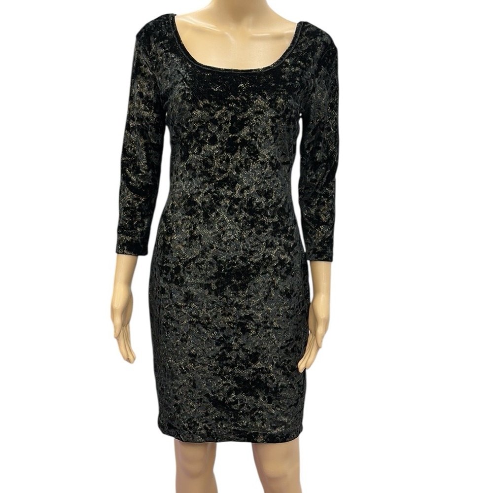 Peacocks Black And Metallic Gold Velvet 3 Quarter Sleeve Formfit Dress Womens 10